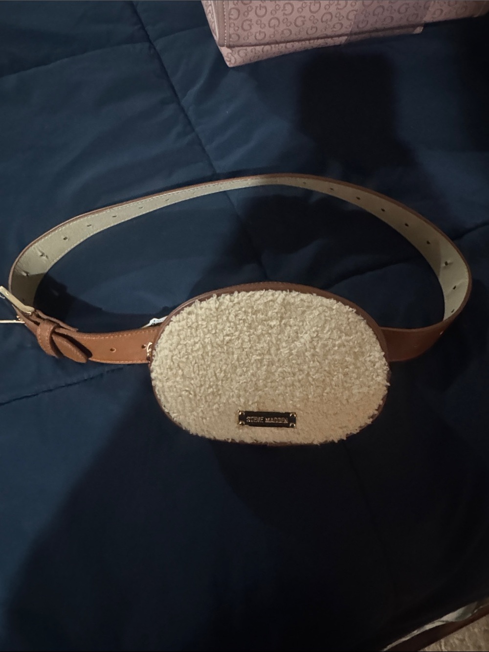Faux-Shearling Cream Belt Bag with Brown Leather Strap